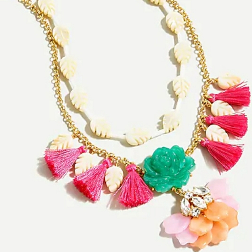 J.Crew Pink Jungle Flora Layered Tassel Necklace